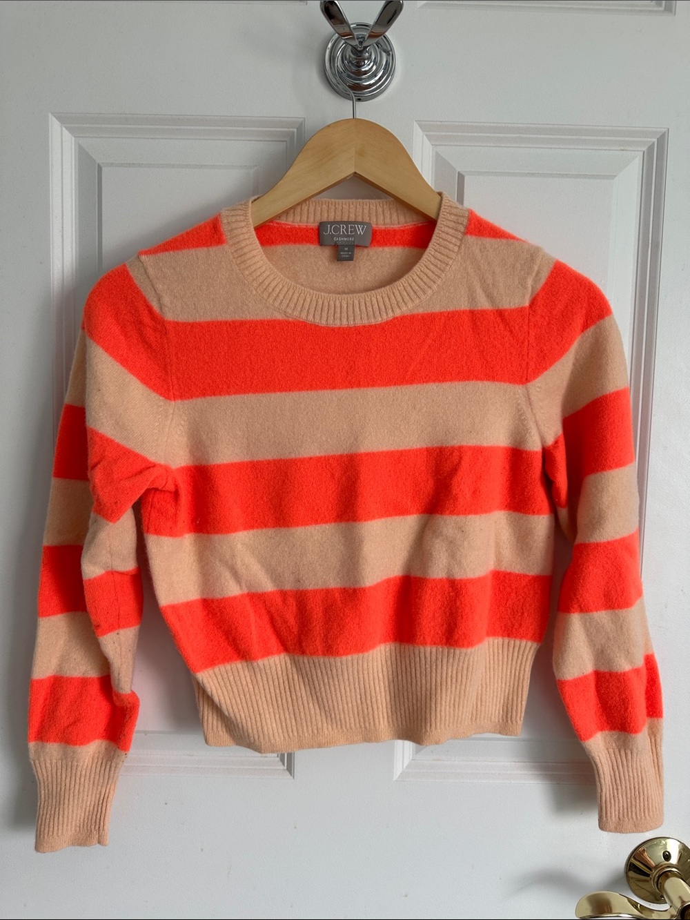 J. Crew Striped Crewneck Sweater in Neon Coral and Beige